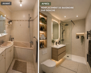Comparaison côte à côte d'une salle de bains avant et après rénovation ; à gauche, une ancienne baignoire et des carreaux beiges ; à droite, une douche moderne, des accents en bois, des étagères encastrées et un éclairage amélioré.