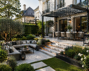 Un patio extérieur élégant met en valeur l'aménagement de terrasse et d'espaces extérieurs réalisé par des experts, avec un coin salon en contrebas, des coussins gris, une table à manger sous une pergola, des plantes en pot et des escaliers entourés d'une verdure luxuriante devant une maison moderne.