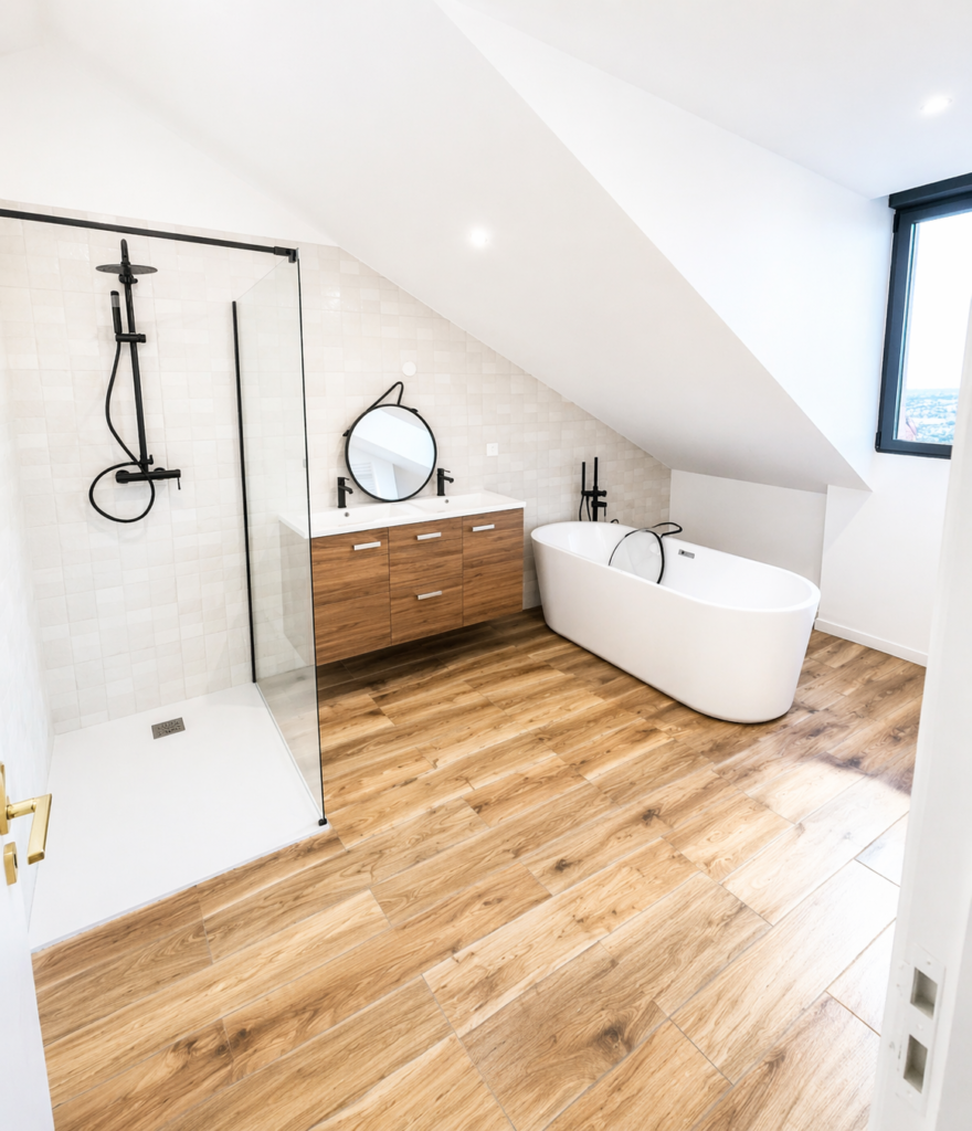 Salle de bains moderne avec un sol en bois, une douche en verre avec des accessoires noirs, une baignoire blanche autoportante, un meuble-lavabo en bois avec un miroir rond, et un plafond incliné avec une grande fenêtre qui laisse entrer la lumière naturelle.