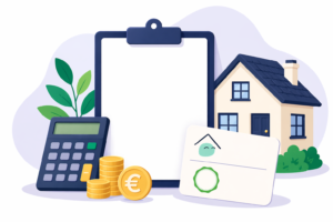 Illustration d'un presse-papiers avec une feuille blanche, une calculatrice, des pièces d'or avec des symboles en euros, un document scellé, des feuilles vertes et une maison en arrière-plan, représentant les finances, la paperasserie, l'immobilier et Accompagnement aides et subventions (MaPrimeRénov', CEE).