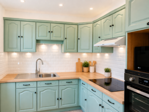 Une cuisine moderne avec des placards vert menthe, des comptoirs en bois, un évier en acier inoxydable et une table de cuisson noire vous invite à demander "Qui sommes-nous ?" en admirant le dosseret en carreaux de métro blancs, les plantes en pot et les planches à découper bien rangées.