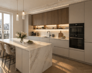 Cuisine moderne avec armoires en bois et beige, îlot en marbre avec trois tabourets de bar, appareils électroménagers noirs encastrés, bols à fleurs et à fruits, éclairage sous l'armoire et grande fenêtre avec les bâtiments de la ville visibles à l'extérieur.