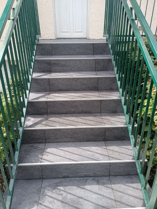 Escalier en pierre grise avec rampe verte menant à une porte blanche.