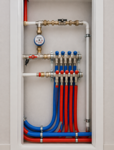 Un collecteur de plomberie avec de multiples tuyaux flexibles rouges et bleus, des commandes de vannes et un manomètre est enfermé dans une armoire blanche - idéal pour la création ou le déplacement de réseaux d'eau dans les salles d'eau.
