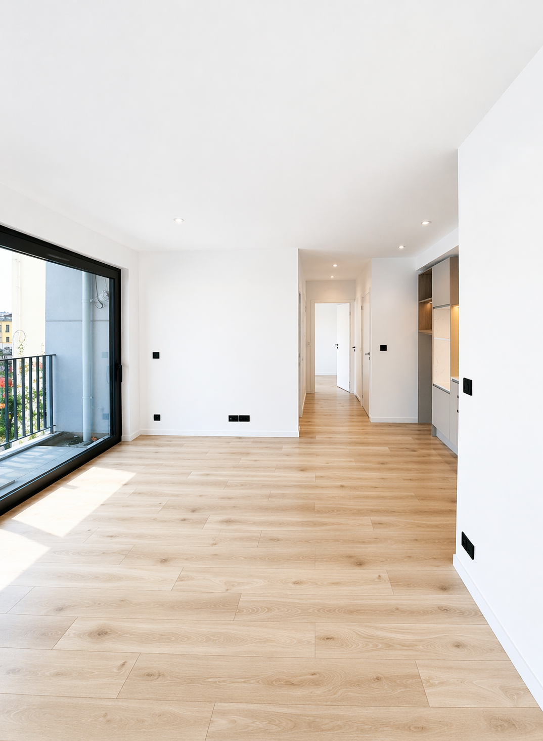 Pièce vide, lumineuse et moderne, avec un sol en bois clair, des murs blancs, un éclairage encastré, des étagères encastrées et une grande porte vitrée menant à un balcon avec une vue partielle sur la ville.