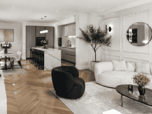 Rénovation clé en main d’appartement réalisée par G&M Bâtiment avec salon moderne, cuisine ouverte et finitions haut de gamme