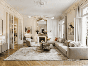 Rénovation d’appartement haussmannien avec parquet en point de Hongrie, moulures, cheminée et décoration contemporaine