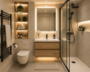 Salle de bains moderne avec toilettes flottantes, meuble-lavabo en bois, grand miroir avec éclairage LED, étagères ouvertes avec serviettes et plantes, cabine de douche en verre, luminaires noirs, murs et sols de couleur neutre.