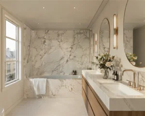 Rénovation salle de bains moderne avec des murs et des comptoirs en marbre, une baignoire encastrée, deux lavabos avec des accessoires en or, deux miroirs ronds, des appliques murales et un vase de fleurs sur le meuble-lavabo. La lumière naturelle pénètre par une grande fenêtre.