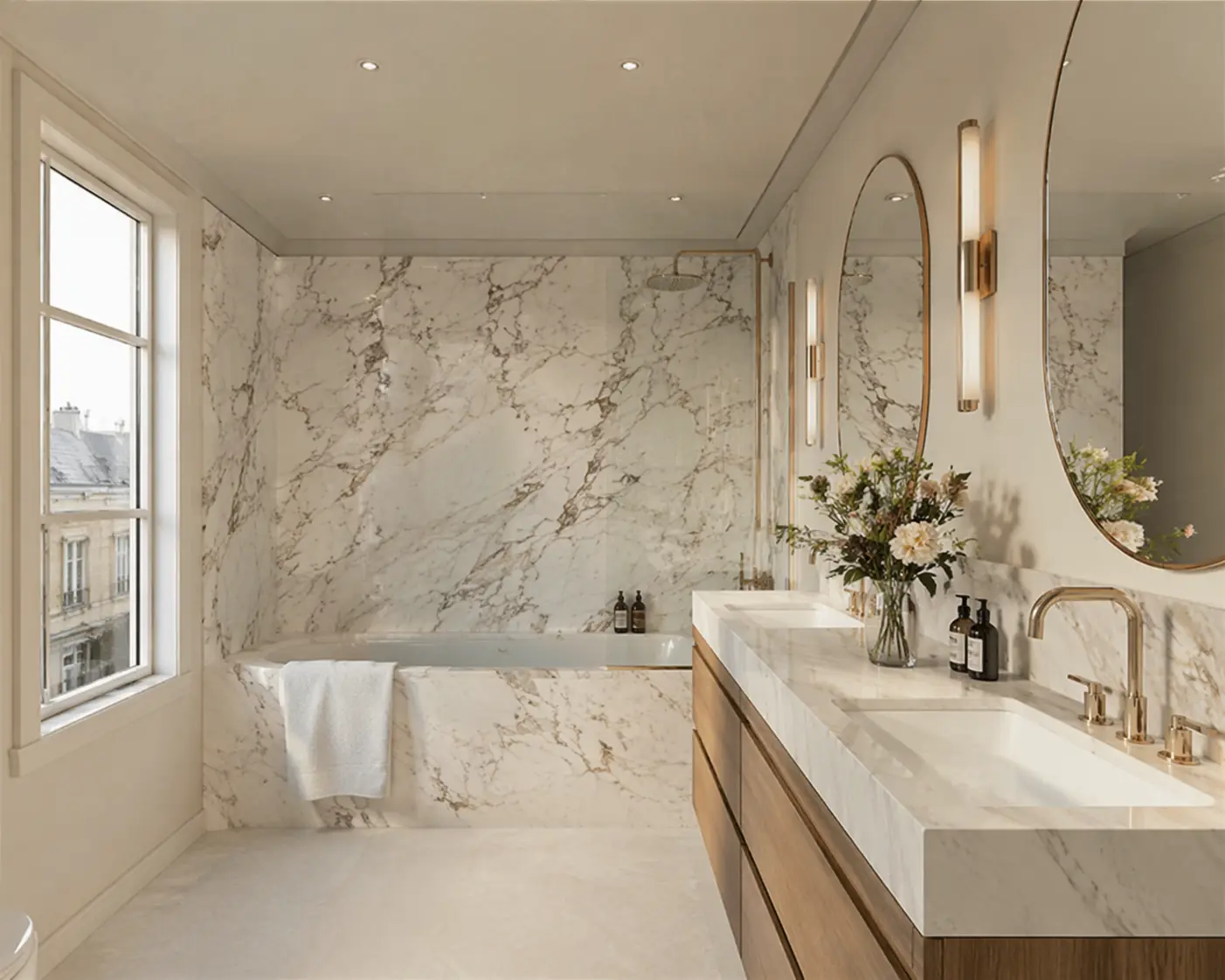 Rénovation salle de bains moderne avec des murs et des comptoirs en marbre, une baignoire encastrée, deux lavabos avec des accessoires en or, deux miroirs ronds, des appliques murales et un vase de fleurs sur le meuble-lavabo. La lumière naturelle pénètre par une grande fenêtre.
