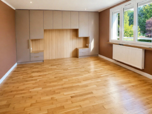 Pièce vide avec un sol en bois clair, des armoires et des tiroirs encastrés le long d'un mur, de grandes fenêtres laissant entrer la lumière naturelle, et des murs peints en brun. Un radiateur blanc se trouve sous les fenêtres, avec des arbres visibles à l'extérieur.