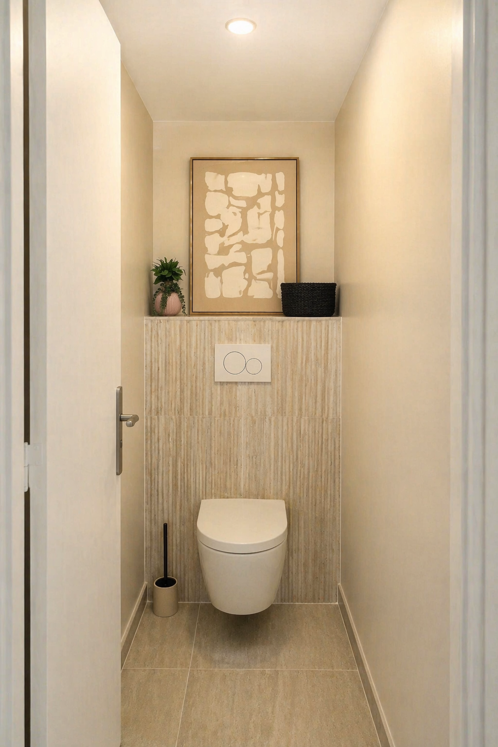 Toilettes séparées rénovées avec WC suspendu et faïence beige texturée