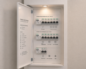 Un panneau électrique ouvert monté sur un mur révèle des disjoncteurs étiquetés pour l'éclairage, les prises de courant, le chauffe-eau et les appareils ménagers. La porte du tableau comporte une liste des circuits et un projecteur en éclaire l'intérieur.