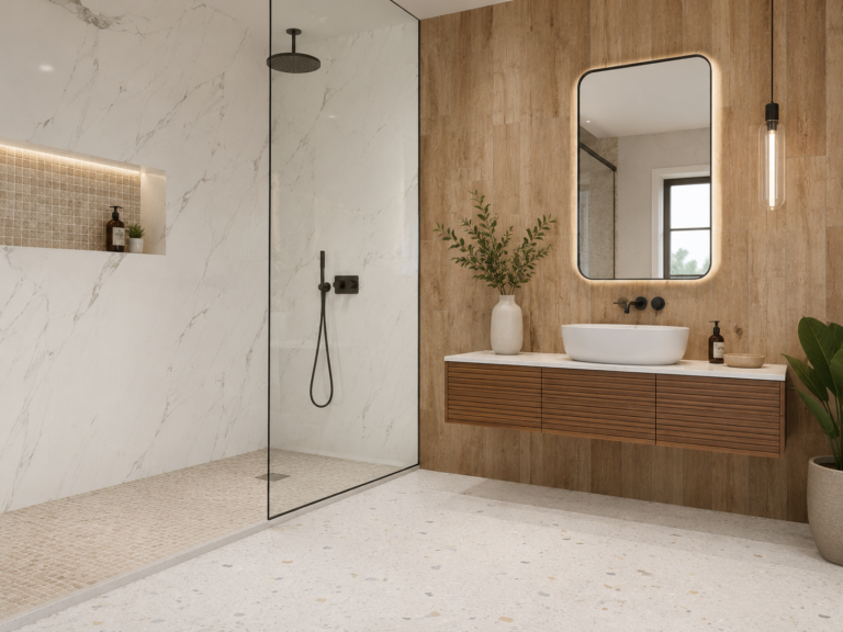 Salle de bain moderne avec carrelage effet marbre, imitation bois, mosaïque travertin et sol terrazzo